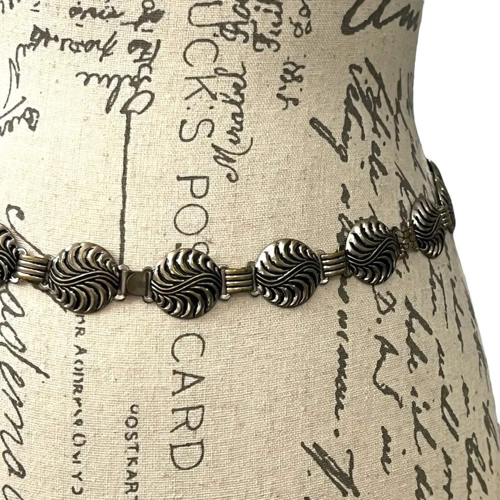 VTG‎ Waist Belt Antique Silver Tone Metal Swirls Boho Western 28” 70’s Classic